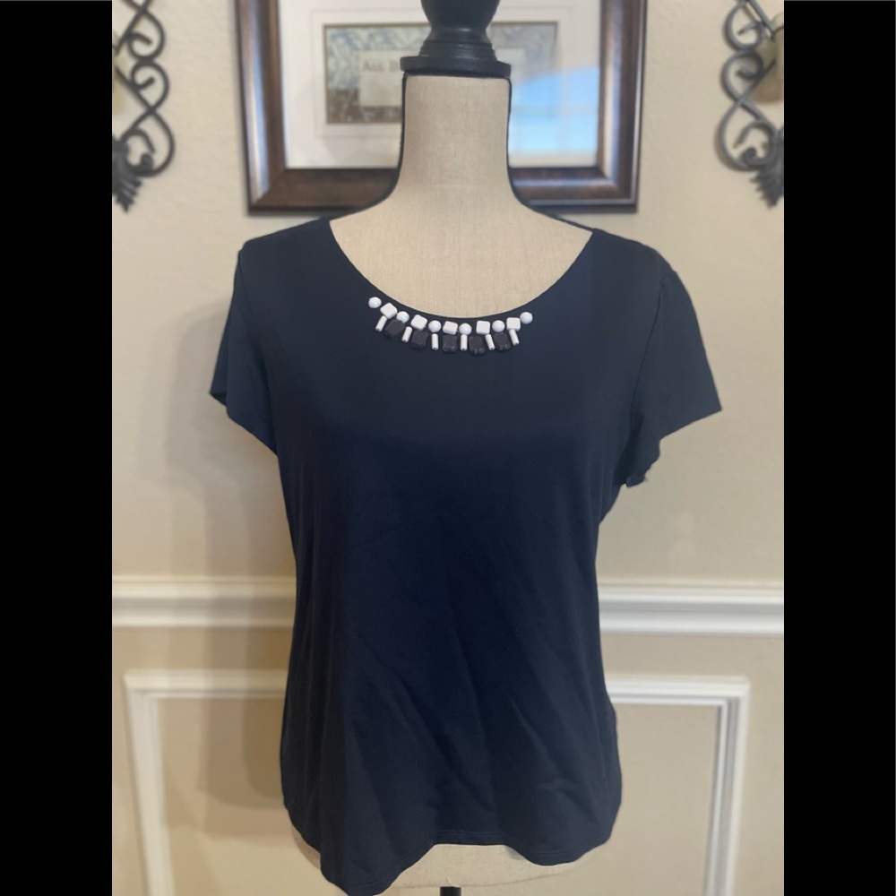 Ruby Rd Short Sleeve Top Size Petite Large. Navy & White. Nylon & Spandex